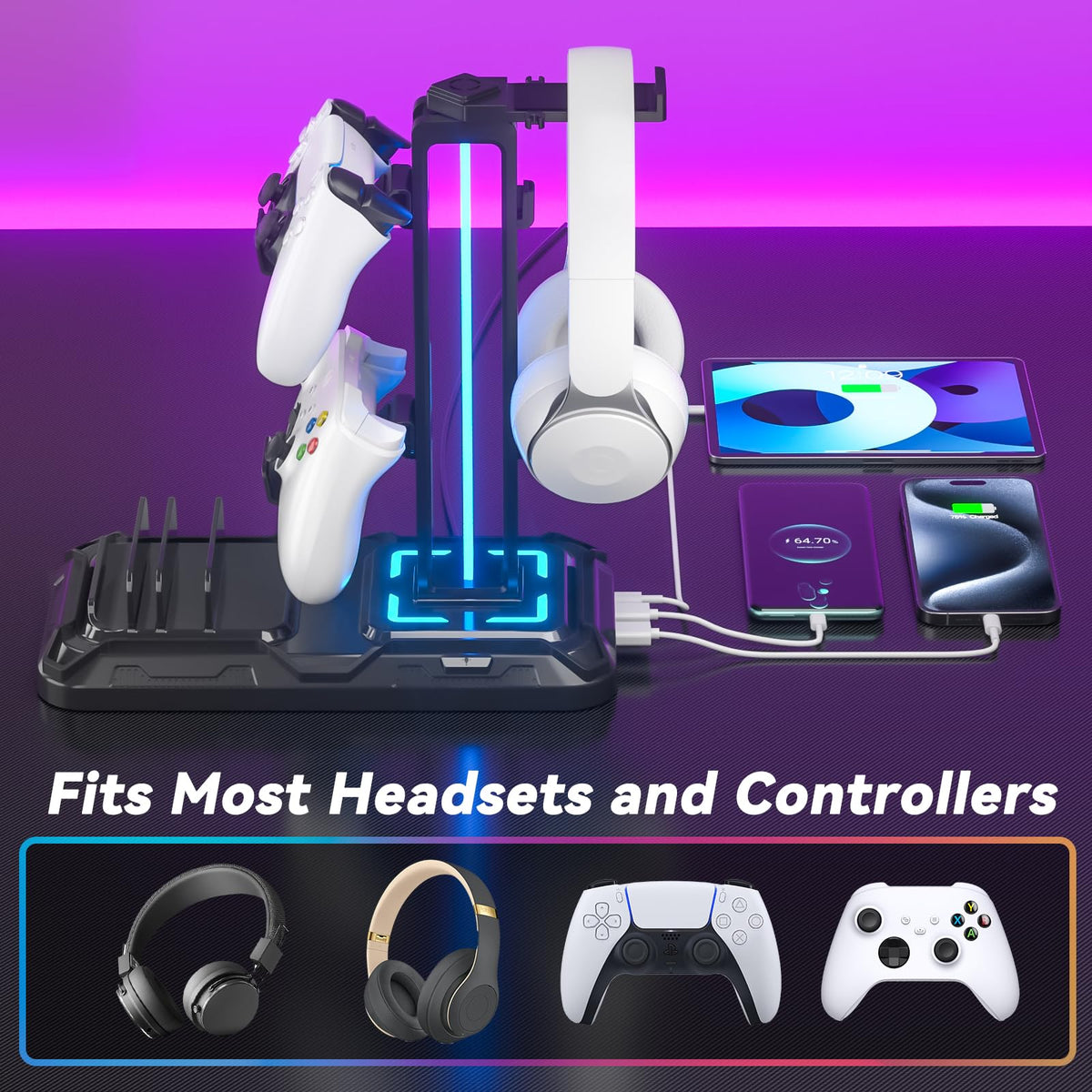 KDD Headset Stand with Charging Station - Detachable Controller Holder with 9 Light Modes - Rotatable Headphone Hanger with USB A&C Charger Ports - Earphone Hook for PC Gaming Accessories Storage