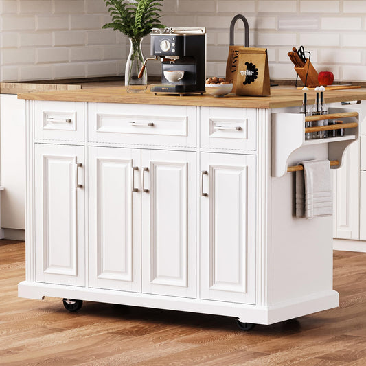Ball & Cast Modern Large Kitchen Island with Rubber Wood Drop Leaf, Embossed Texture Rolling Cart on 4 Wheels W/4 Doors & 3 Drawers, Mobile Storage Kitchen Islands W/Storage for Dining Room,White,54"