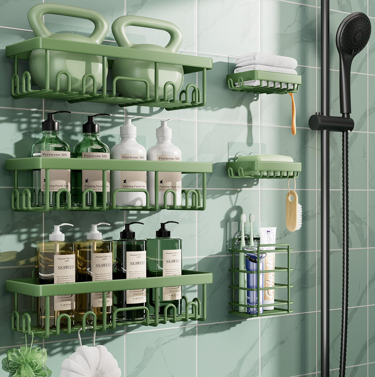 Veken Rustproof & Waterproof Shower Caddy 6-Pack, No Drilling Adhesive Shelves Rack with Soap Holder, Large Capacity Bathroom Organizers and Storage, Wall-Mounted Kitchen & Home Decor, Green
