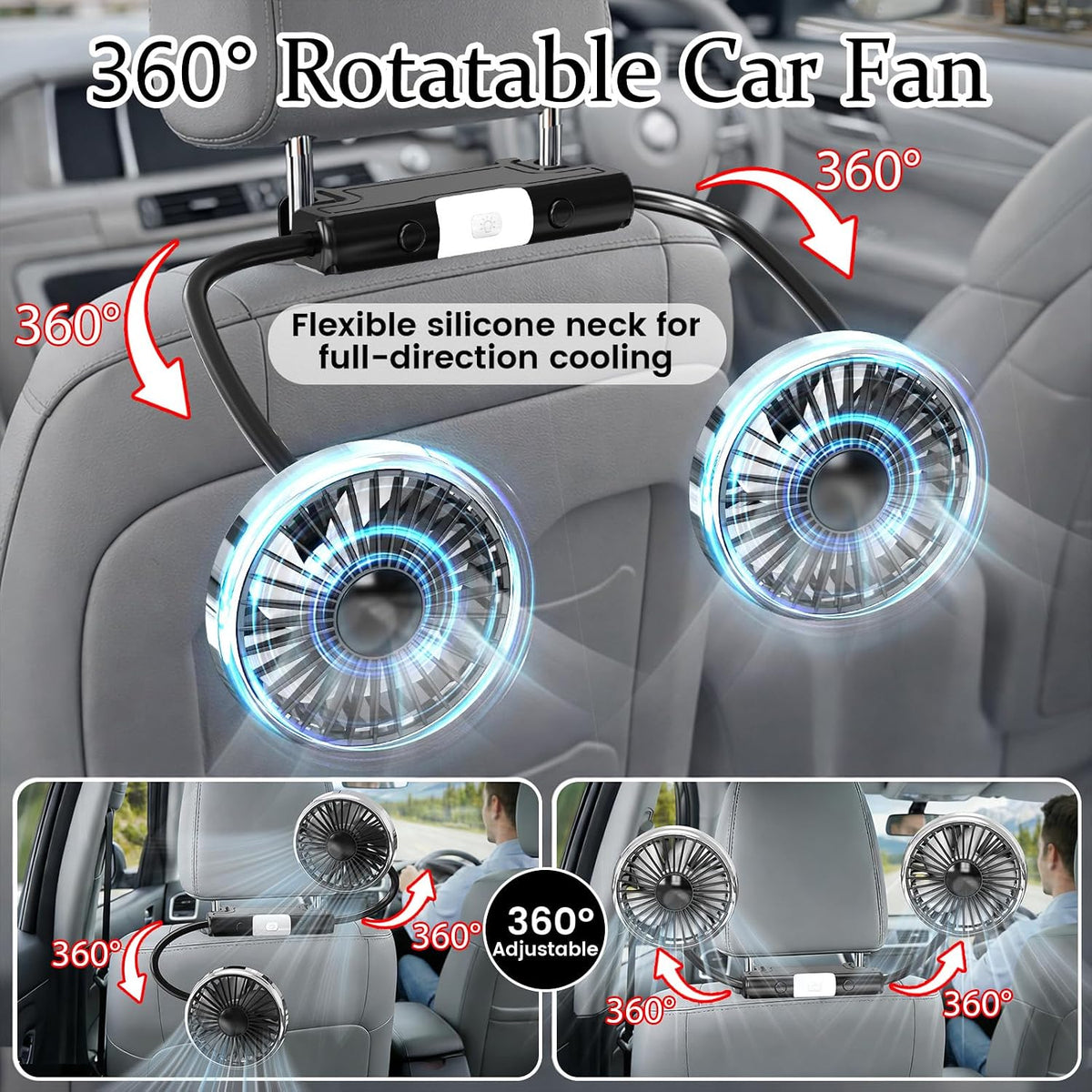 Back Seat Car Fan for Kids - Battery-Free Dual Adjustable Air Circulation
