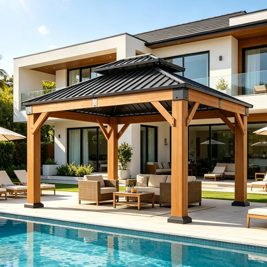 Aoxun 10' x 12' Outdoor Wood Gazebo, Hardtop Gazebo Permanent Wooden Pavilion with Galvanized Steel Double Roof, for Patio, Garden, Deck, Cedar Wood, Natural