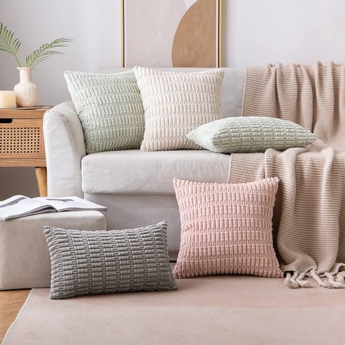 MIULEE Corduroy Throw Pillow Covers - Soft Boho Striped Design | 12x12 Inch Cream White Decor for Sofa & Bed