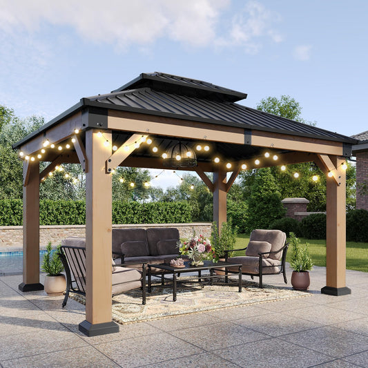 Aoxun 10' x 12' Outdoor Wood Gazebo, Hardtop Gazebo Permanent Wooden Pavilion with Galvanized Steel Double Roof, and LED Outdoor Waterproof Hanging Lights, for Patio, Garden, Deck, Cedar Wood, Grey