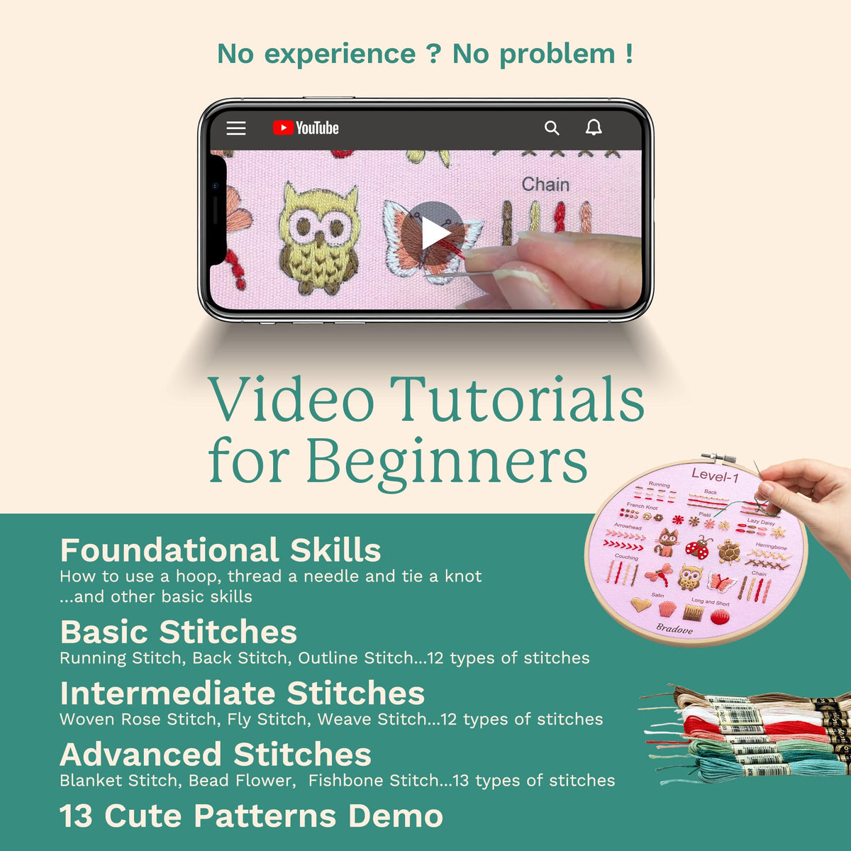 Bradove Beginner Embroidery Kit for Adults Kids, Learn to Embroider 37 Stitches and 13 Cute Patterns, Beginner Embroidery Practice