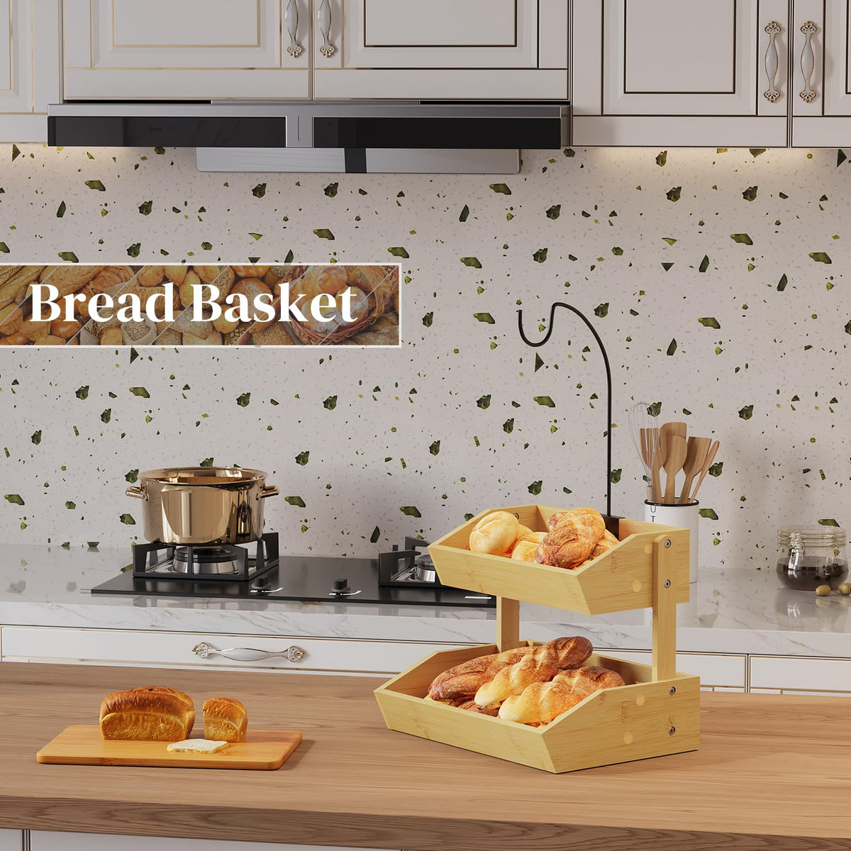 PULIJIAJU Bamboo Fruit Basket, Fruit Holder With Banana Hanger, Fruit Bowl, Kitchen Counter For Fruit and Vegetable Storage, Bread Basket, Snack Organizer Holds (Natural, 2-Tier)