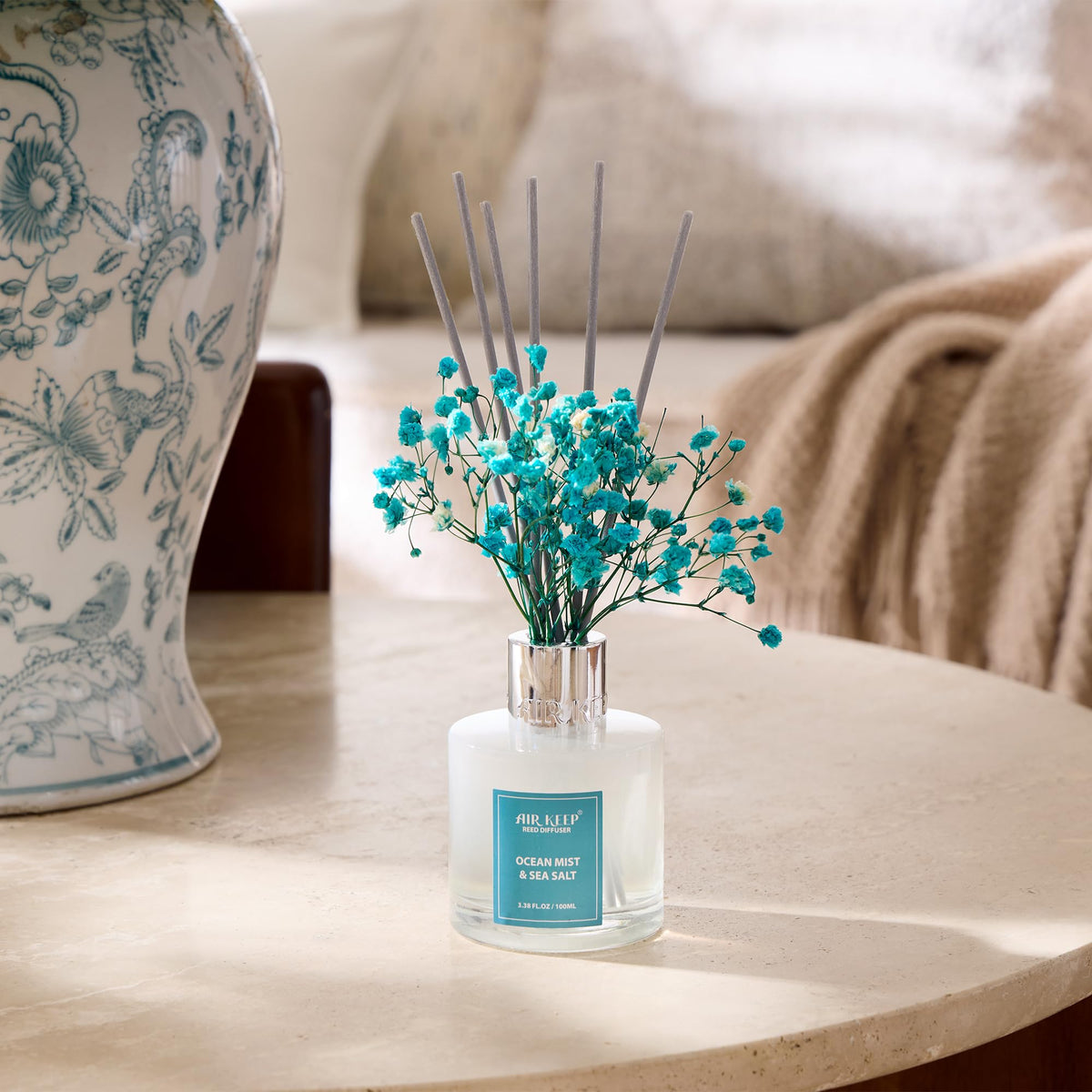 Airkeep Reed Diffuser Set,3.38 fl oz (100 ml) - Ocean Mist&Sea Salt Oil Diffusers with 8 Reed Sticks,Home Fragrance Reed Diffuser for Bathroom Shelf Decor