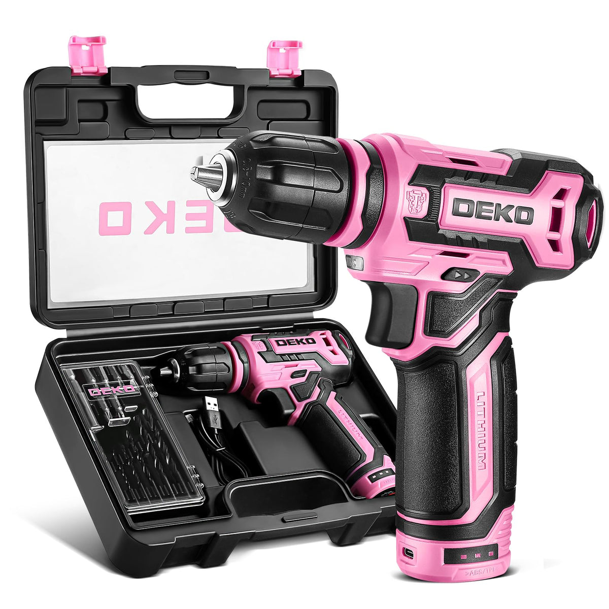 Cordless Drill：DEKOPRO 12V Power Drill Set with Pink 800RPM Electric Drills with Tool Set Gift Box, Pink Drill Set for Women