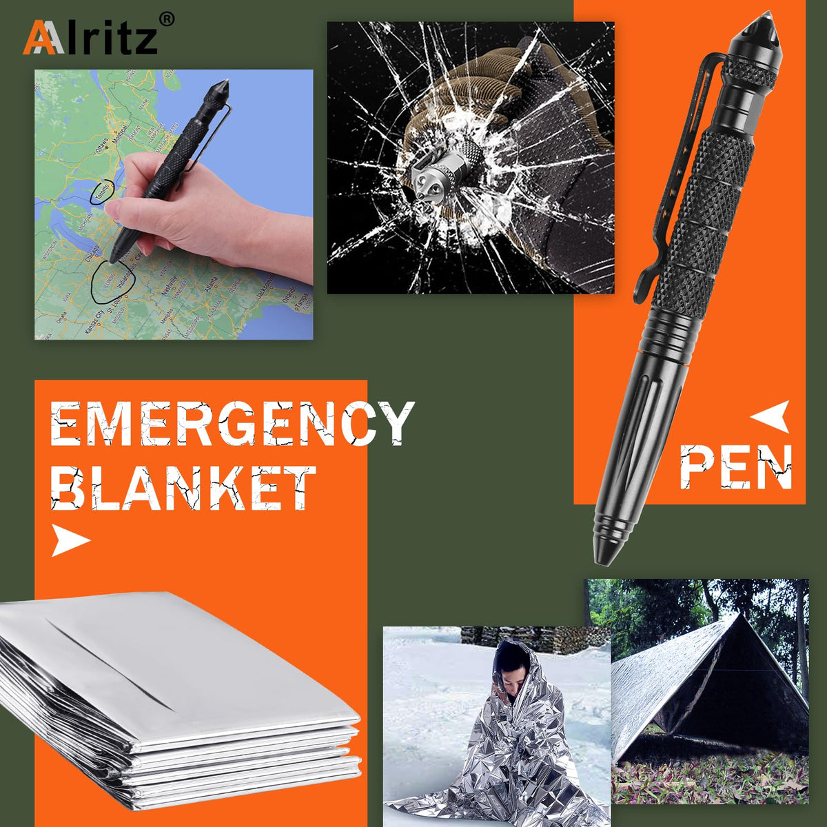 Alritz Emergency Survival Kit, for Men 12 in-1 Outdoor Survival Gear Lifesaving Tools Contains Compass, Fire Starter,for Camping Hiking Wilderness Adventures Disaster Preparedness