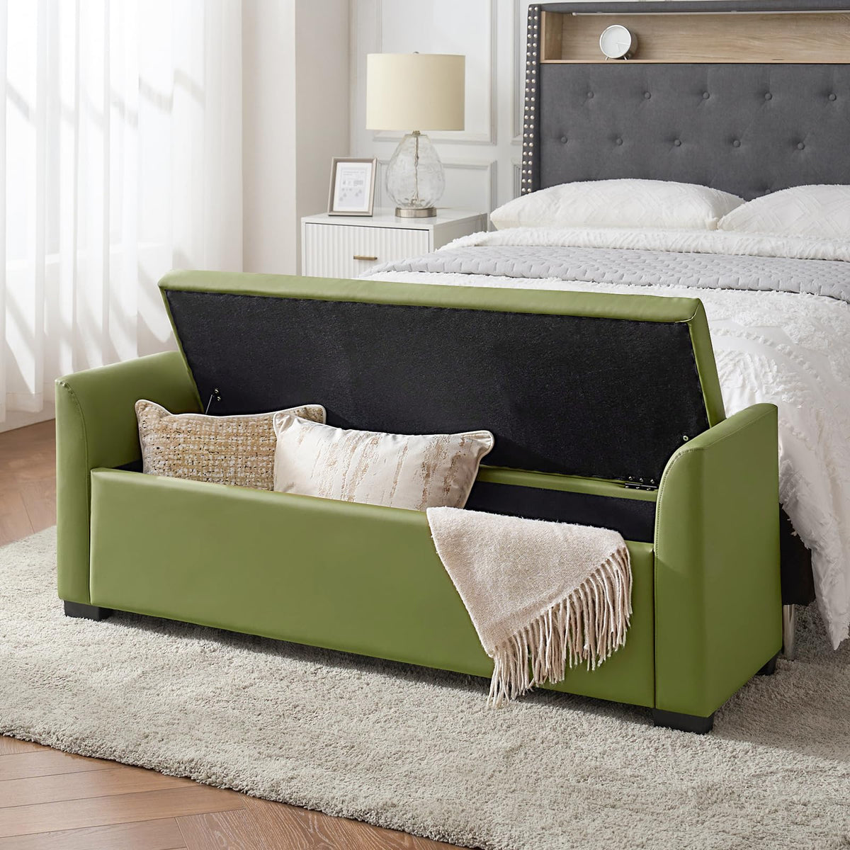 The support you need 58" Faux Leather End of Bed Storage Bench with Flared Arms & Tufted Seating, Large Elegant Transitional Upholstered Bedroom Benches, Flip Top Entryway Ottoman Footrest, Moss