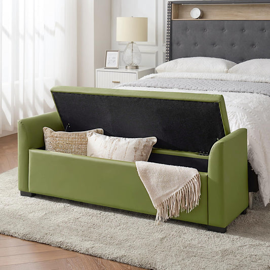 The support you need 58" Faux Leather End of Bed Storage Bench with Flared Arms & Tufted Seating, Large Elegant Transitional Upholstered Bedroom Benches, Flip Top Entryway Ottoman Footrest, Moss