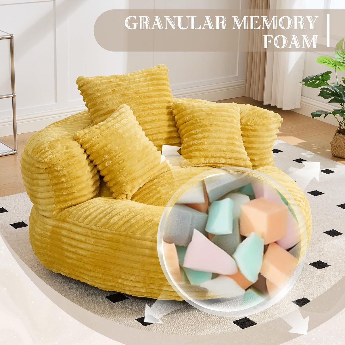 KEIKI Oversized Bean Bag Sofa Chair with Armrests & Pillows, Corduroy Beanbag Chair for Adults & Teens, Memory Foam Lazy Sofa No Assembly, Cozy Dorm Room & Apartment Furniture