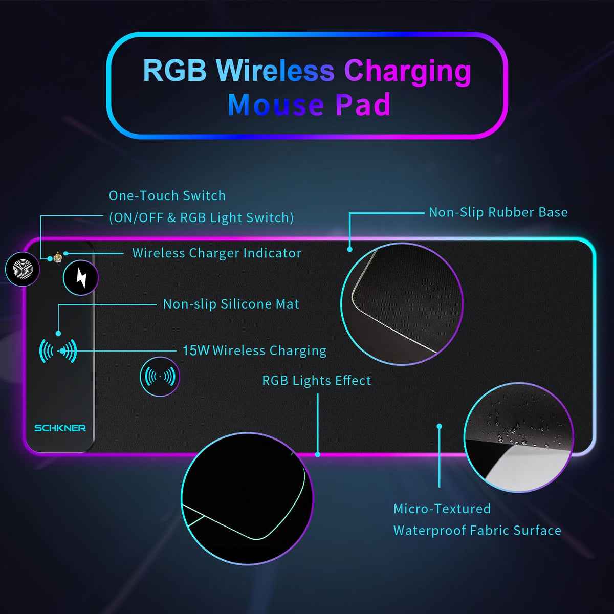 Schkner RGB Gaming Mouse Pad with Wireless Charging 15W, Large Desk Mat 800x300x4mm, 10 Light Modes Keyboard Pad with Non-Slip Rubber Base, Waterproof Mousepad for Gaming PC MacBook Laptop