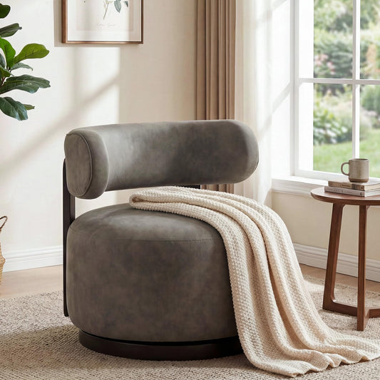 Christopher Knight Home Udon Faux Leather 360° Swivel Accent Chair, Solid Wood Living Room Swivel Chair, Rotating Single Lounge Sofa, Bedroom Comfy Reading Chair, No Assembly Needed, Dark Brown+Grey