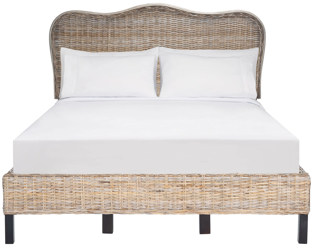 SAFAVIEH Home Collection Daejon Coastal Rattan Legs Camelback Headboard Full Size Bed BED8001A-F, Grey/Espresso