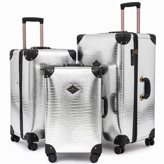 universal trotter 3-Piece High-Capacity Lightweight Vintage PU Leather Luggage Set (20/24/28 Carry-on & Checked), Water-Resistant PU Trunk Style, 360° Spinner Wheels (Silver)