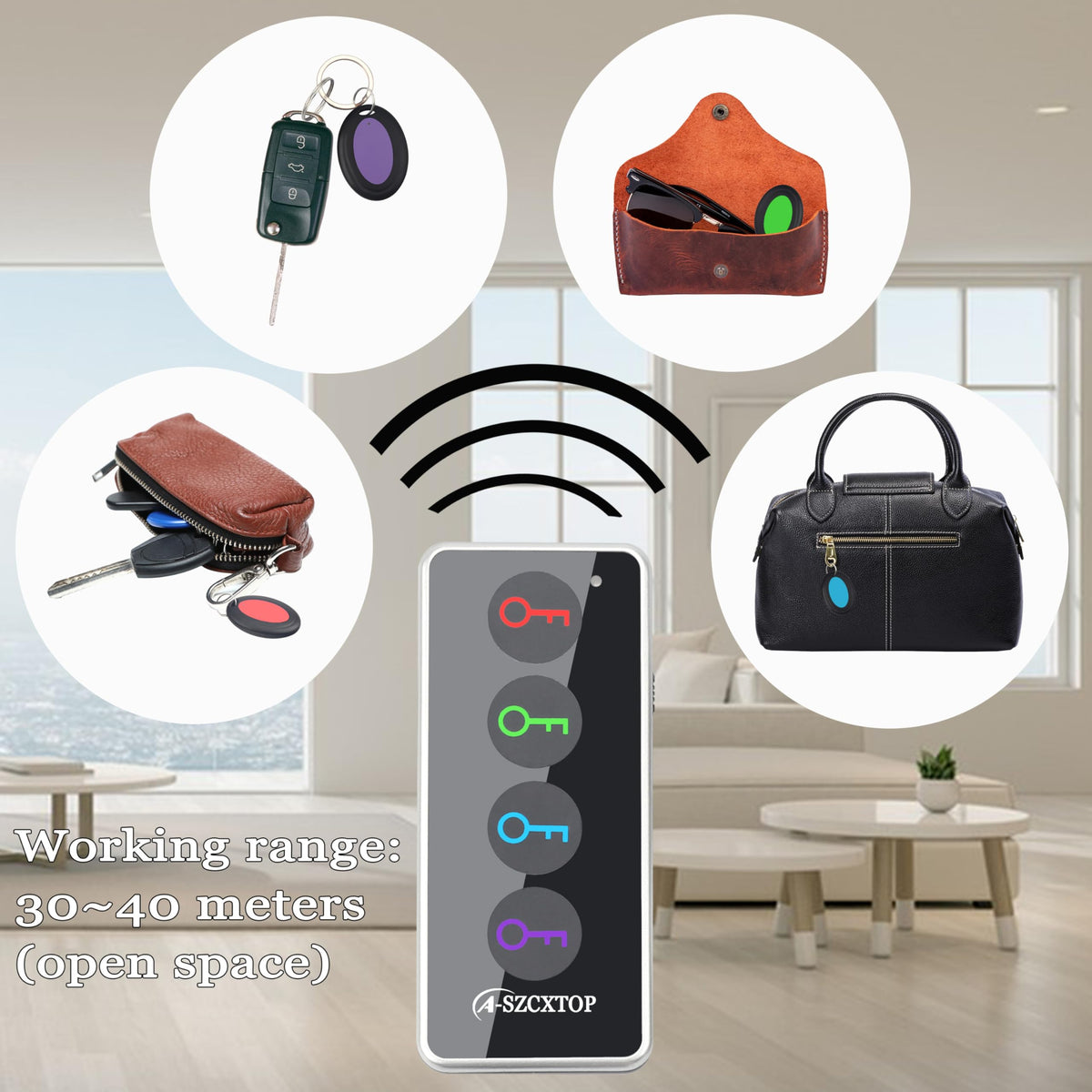 Key Finder Locator, 80dB Wireless Remote Item Tracker, RF Finder for Key, Pet, Luggage, Wallet, Phone, 131ft / 40M Working Range, 1 RF Transmitter & 4 Receivers & Flashlight