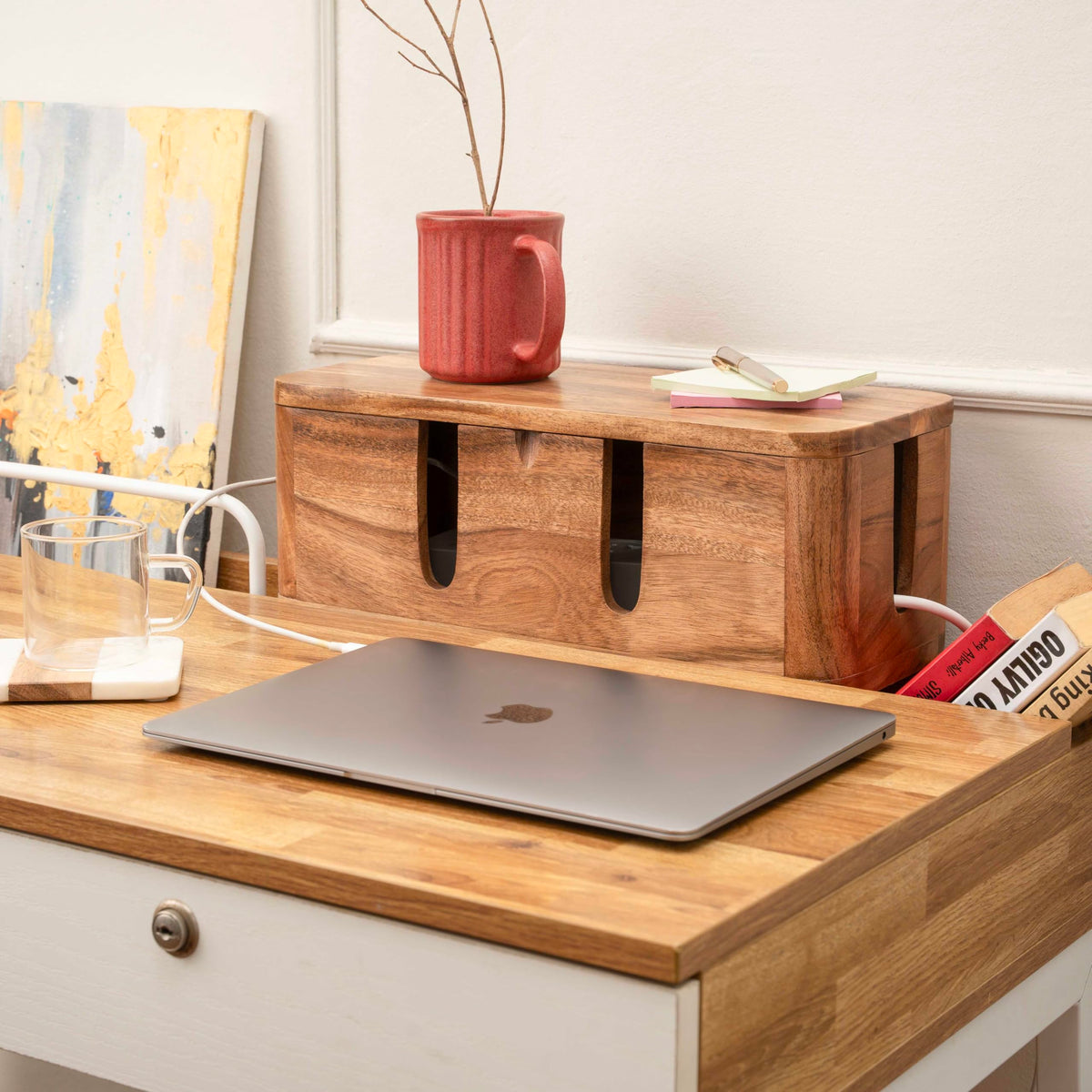 Cable Management Box & Cord Organizer- Cable Organizer for Desk, Home, Office. Hides Wires, Surge Protectors, Power Strips. Eco Friendly Mango Wood Cord Management Solution (Natural Acacia)