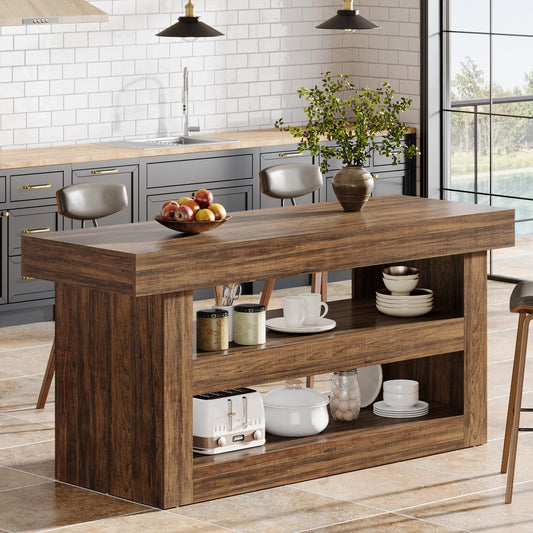 Tribesigns 55-Inch Kitchen Island with Storage, Farmhouse 3-Tier Stationary Island Table with Large Countertop, Wooden Coffee Bar Table Storage Cabinet for Kitchen, Dining Room, Living Room, Brown
