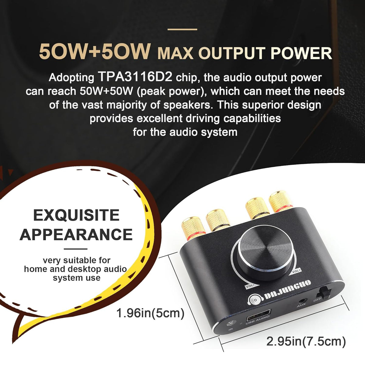 X50H 50W+50W 2.0 TPA3116D2 19V4.74A Bluetooth Amplifier Power Output with Remote Control, Stereo Bluetooth Amplifier
