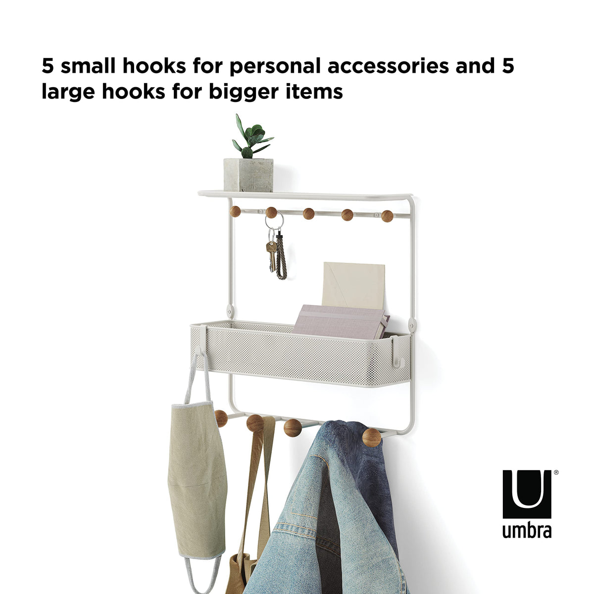 Umbra Estique Entryway Organizer Storage Solution with Cubby Bin, Shelf and Hooks for Keys, Mail, Glasses, Wallet, Purse, Hat, and More, White