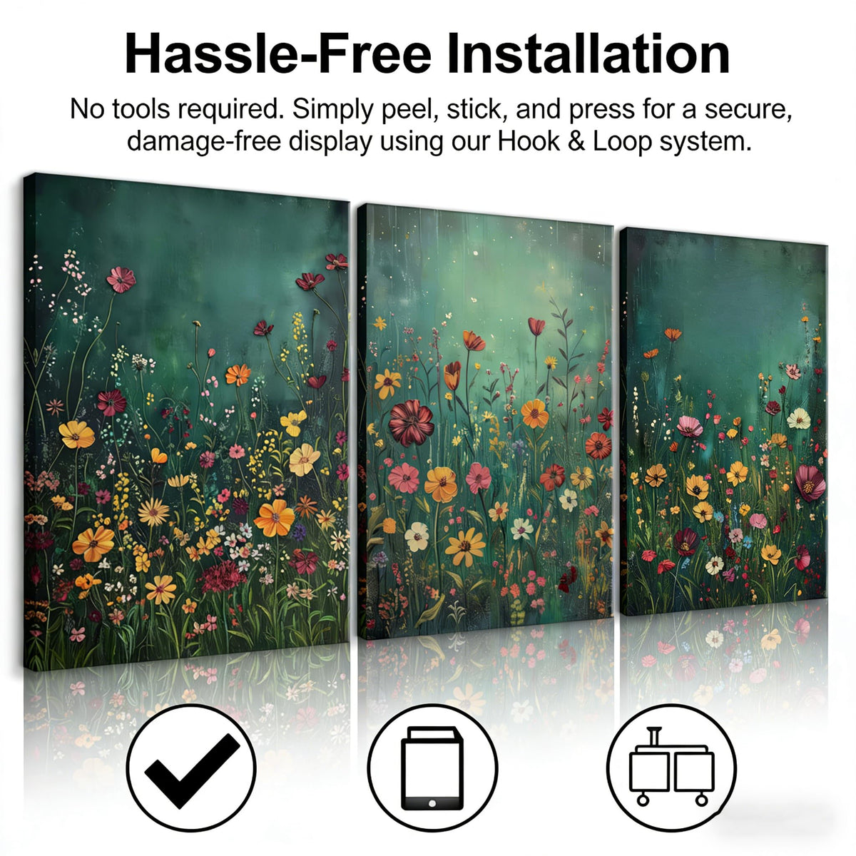 GEFQBBLD 3 Piece Canvas Wall Art Set, Emerald Green Wildflower Meadow Prints, Textured Impasto Boho Floral Decor for Living Room Bedroom 12x16 unframed