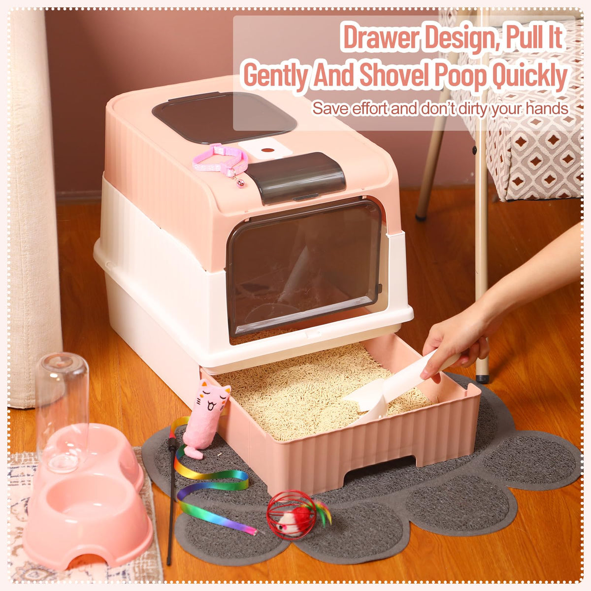 Tioncy 7 Pcs Small Cat Kitten Starter Kit Cat Litter Box with Shovel Paw Litter Mat Double Automatic Bowls Toy Teaser Stick Kitten Collar Essentials Kits for 1-3 Lbs Beginner(Pink)