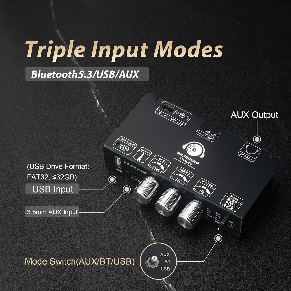 TW100U 100W 5.3 TPA3116D2 (19V/24V), 12-24V Mono Bluetooth Amplifier Board, Digital Power Amp Module with Built