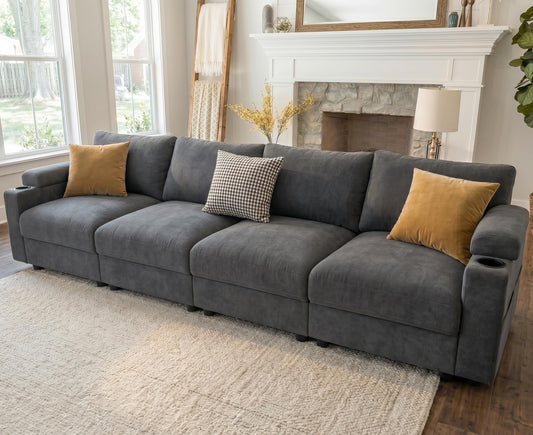 Sectional Couches for Living Room FSC Certified Velvet Modular Couch Oversized Cloud U Shaped Convertible Sleeper Sofa Chaise Detachable Armrest Cushion (Velvet Grey, 4 Seat)