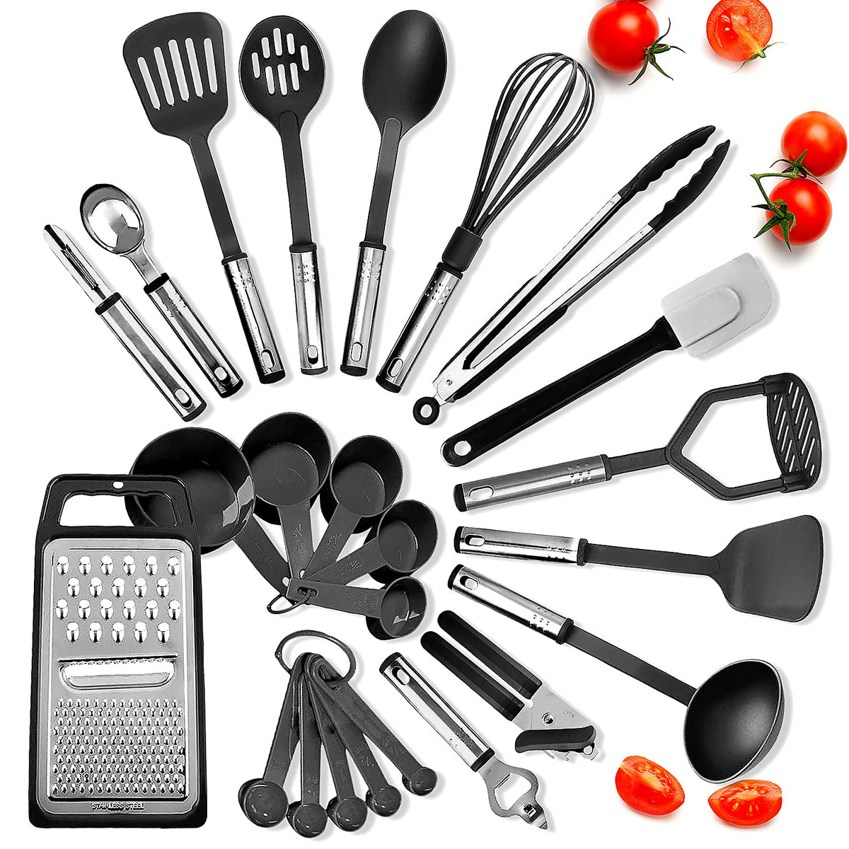 Kitchen Utensils Set - 24 PCS Nylon Cooking Utensils Set, Kitchen Spatula Set with Stainless Steel Handles - Heat Resistant Non-Stick Kitchen Tools - Black Kitchen Utensil Set