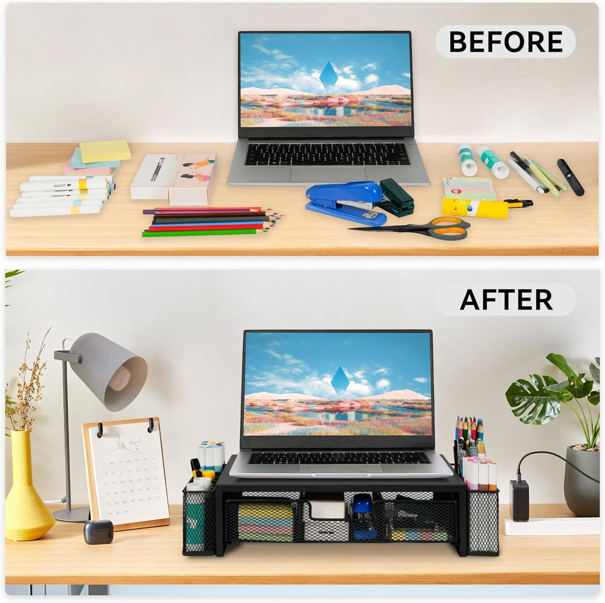 Qupui Computer Monitor Stand Riser with Drawer and Pen Holders, Desk Organizer Shelf and Accessories, Office Desk