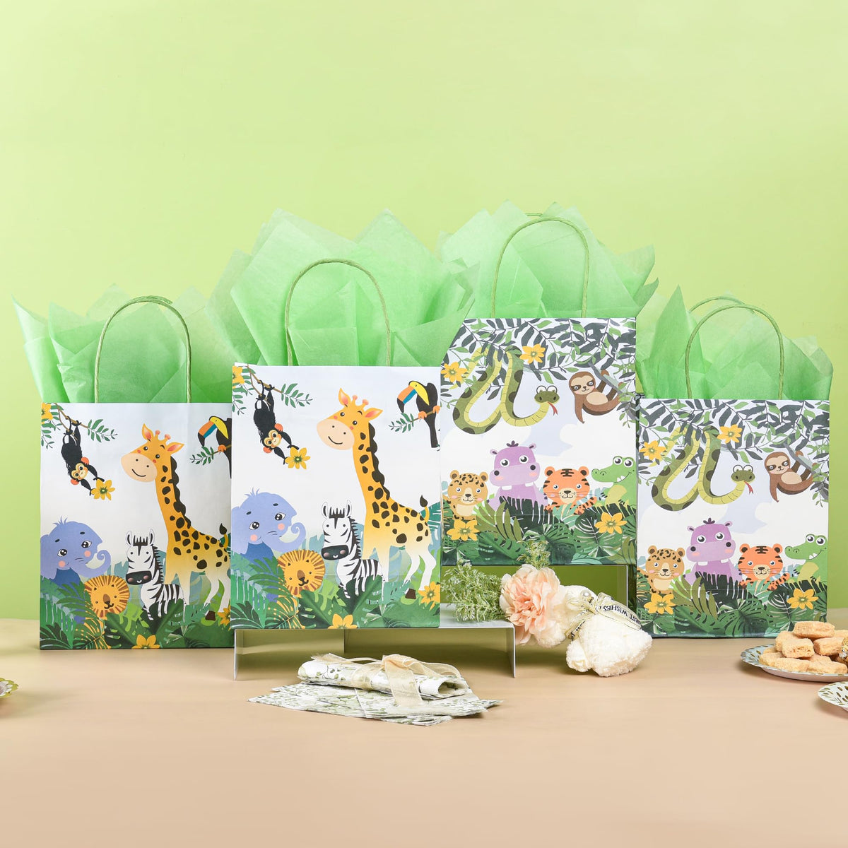 36 Pack Medium Jungle Safari Woodland Animal Themed Paper Gift Bags with Handles and Green Tissue Paper for Birthday Baby Shower Party Favors Goodies Treats, 10x8x4 Inch (2 Assorted Designs)