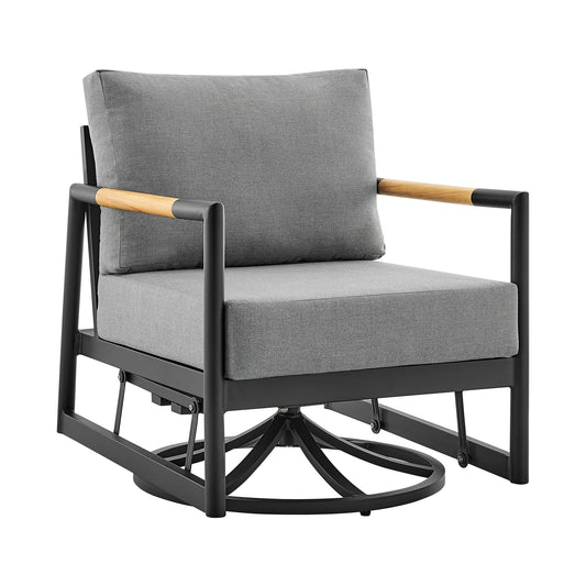 Armen Living Royal Outdoor Patio Swivel Glider Lounge Chair in Black Aluminum and Teak Wood with Cushions