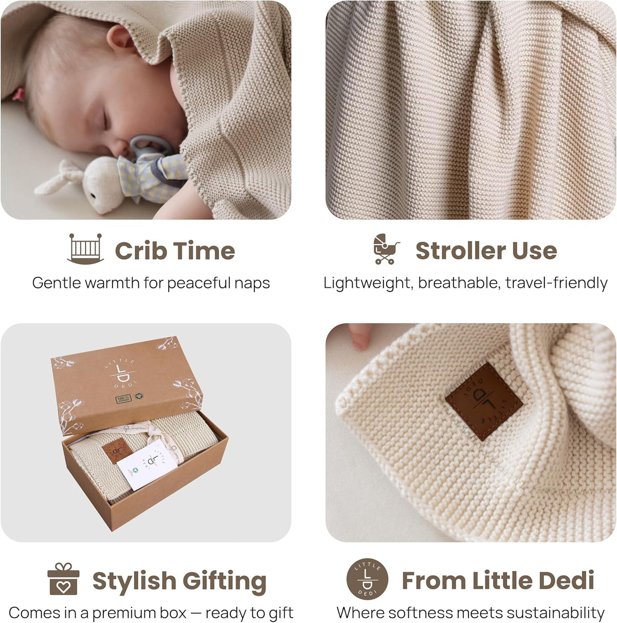 Organic Cotton Baby Blanket by [Brand Name] - Soft Knitted Swaddle for Newborns | Gift Box Included, 30"x40", Stone