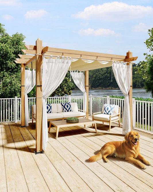 KYBOLT 10x10 Ft Outdoor Pergola with Retractable Canopy Metal Gazebo Imitation Wood-Grain Column with Side Mesh Screen Modern Pavilion for Backyard(Beige+White)