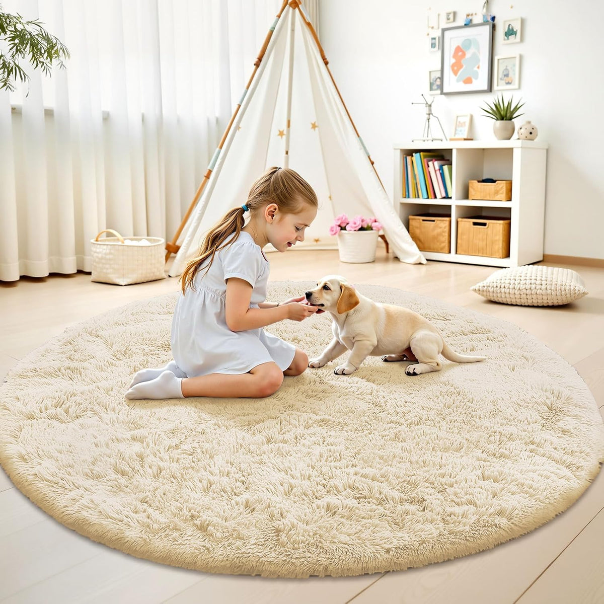 OLANLY Cream Round Area Rug - Soft, Fluffy, Machine Washable 8 ft Circle Carpet for Bedroom & Living Room Decor