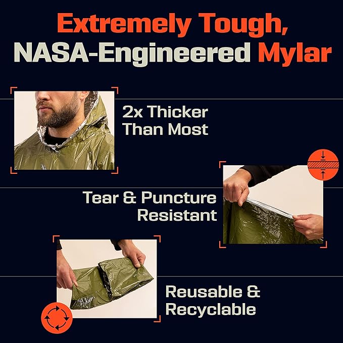 PREPARED4X Emergency Poncho and Mylar Blanket Liner - Waterproof, Wind-Resistant Outdoor Rain Poncho for Camping, Emergencies