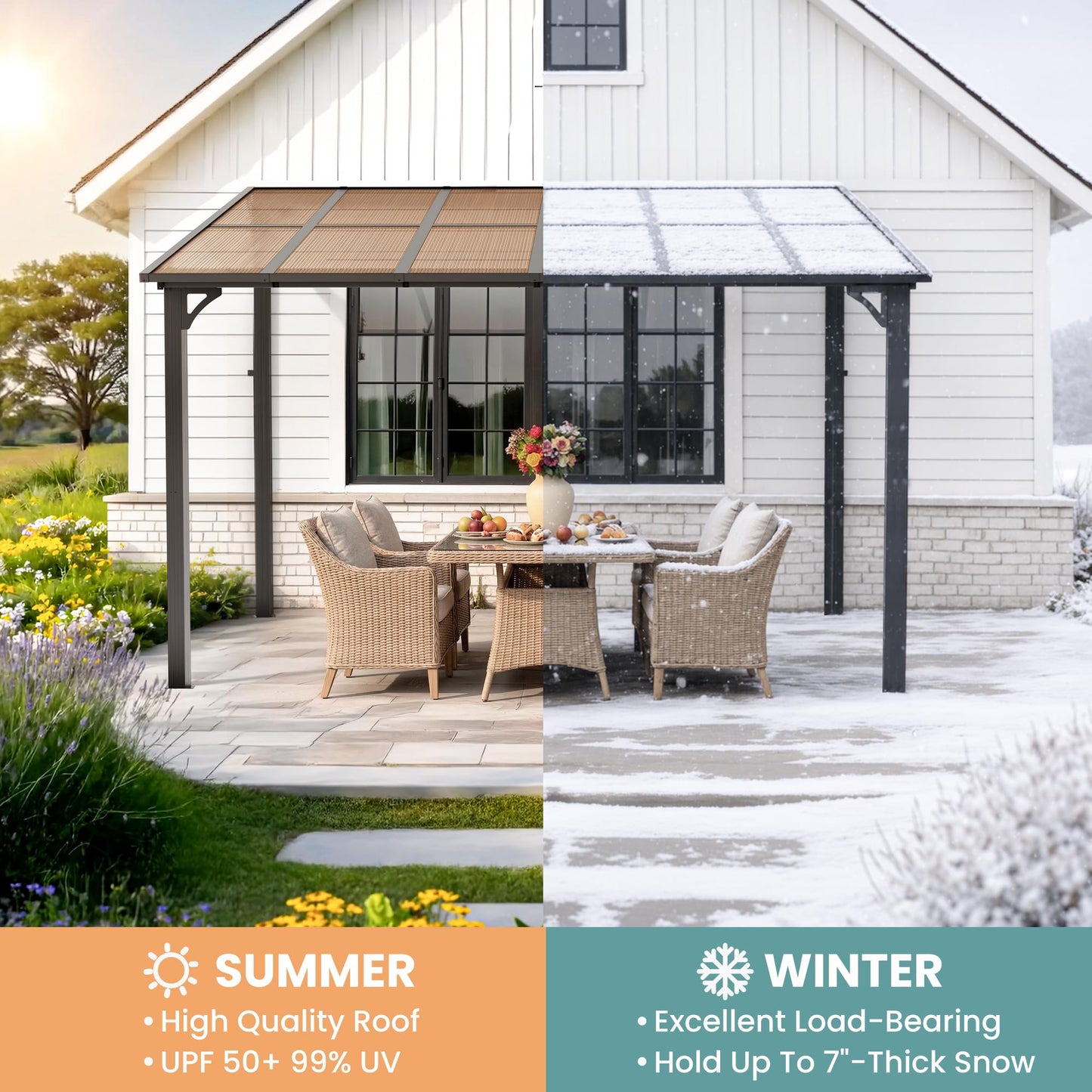 Pamapic 10x20FT Wall Mounted Gazebo, Hardtop Lean to Gazebo with Aluminum Frame & UV Resistant Polycarbonate Roof, Outdoor Patio Awning for Deck, Porch, Lawn & Backyard