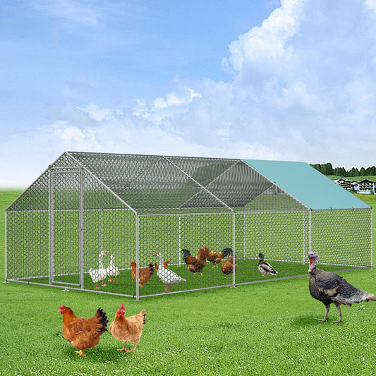 Vipbear Large Metal Chicken Coop Run with Immersed Wire Mesh, Chicken Coop for 8 Chickens Heavy Duty Chicken Run in for Yard with Waterproof Cover and Secure Lock,236'' L x 118''W x 77''H