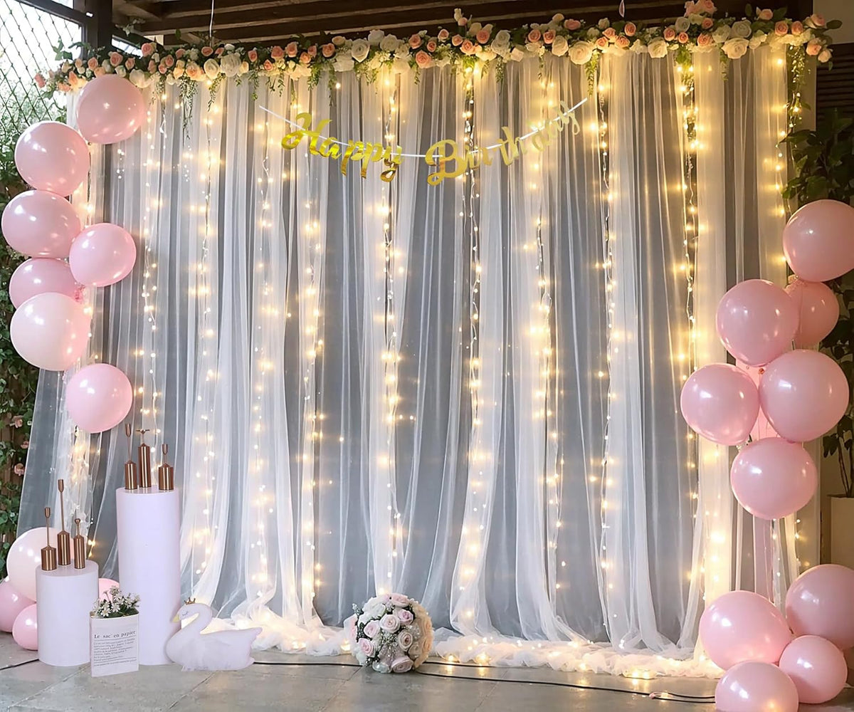 Suppromo 1010ft Decorations(2 10ft10ft) White Backdrop Curtains with Lights String for Wedding Parties Sheer Tulle