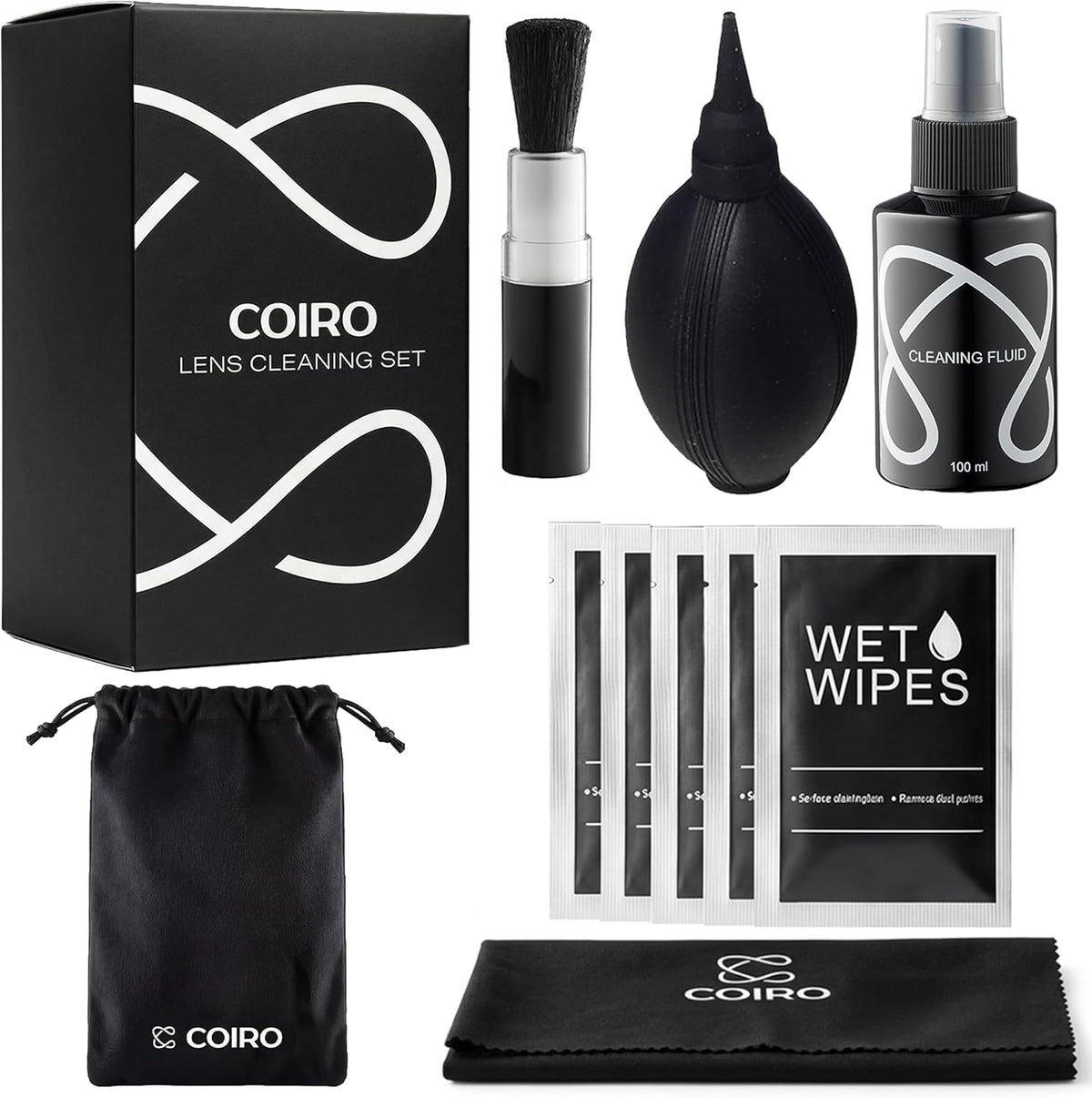 C Coiro 100ml, Coiro Camera Lens Cleaning Kit Camera Air Blower, Lens Cleaner Spray Soft Brush, Wet Wipes & Cloth DSLR