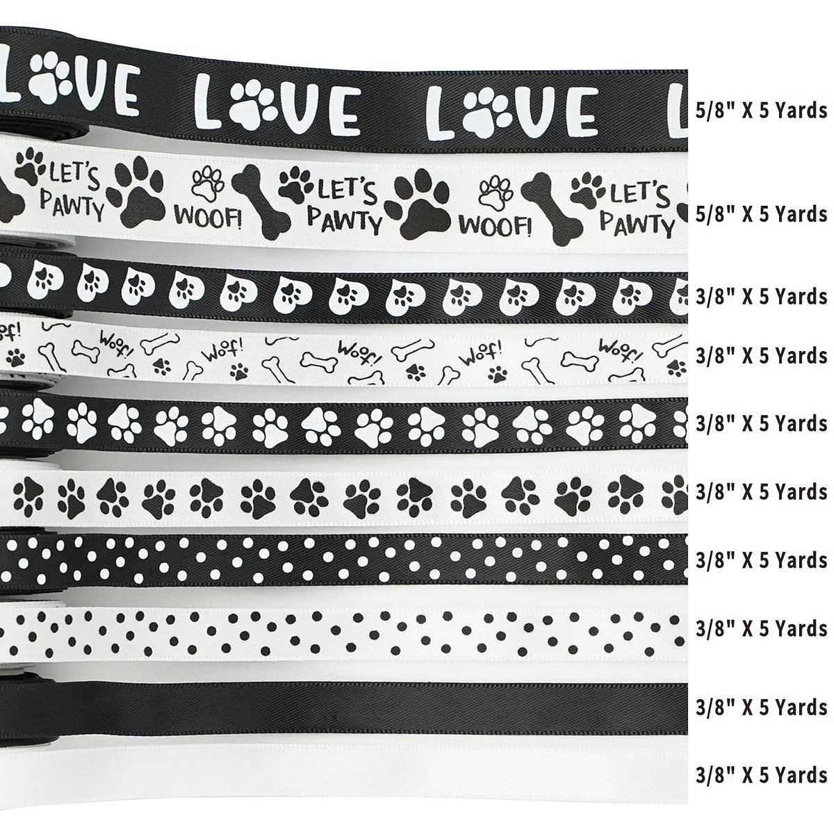 HUIHUANG Paw Print Bone Satin Ribbon Assortment - Black and White, 3/8" & " 5/8" Inch, 10 Rolls 50 Yards - Assorted Ribbon for Crafts, Dog Party Supplies, Gift Wrapping & Decoration