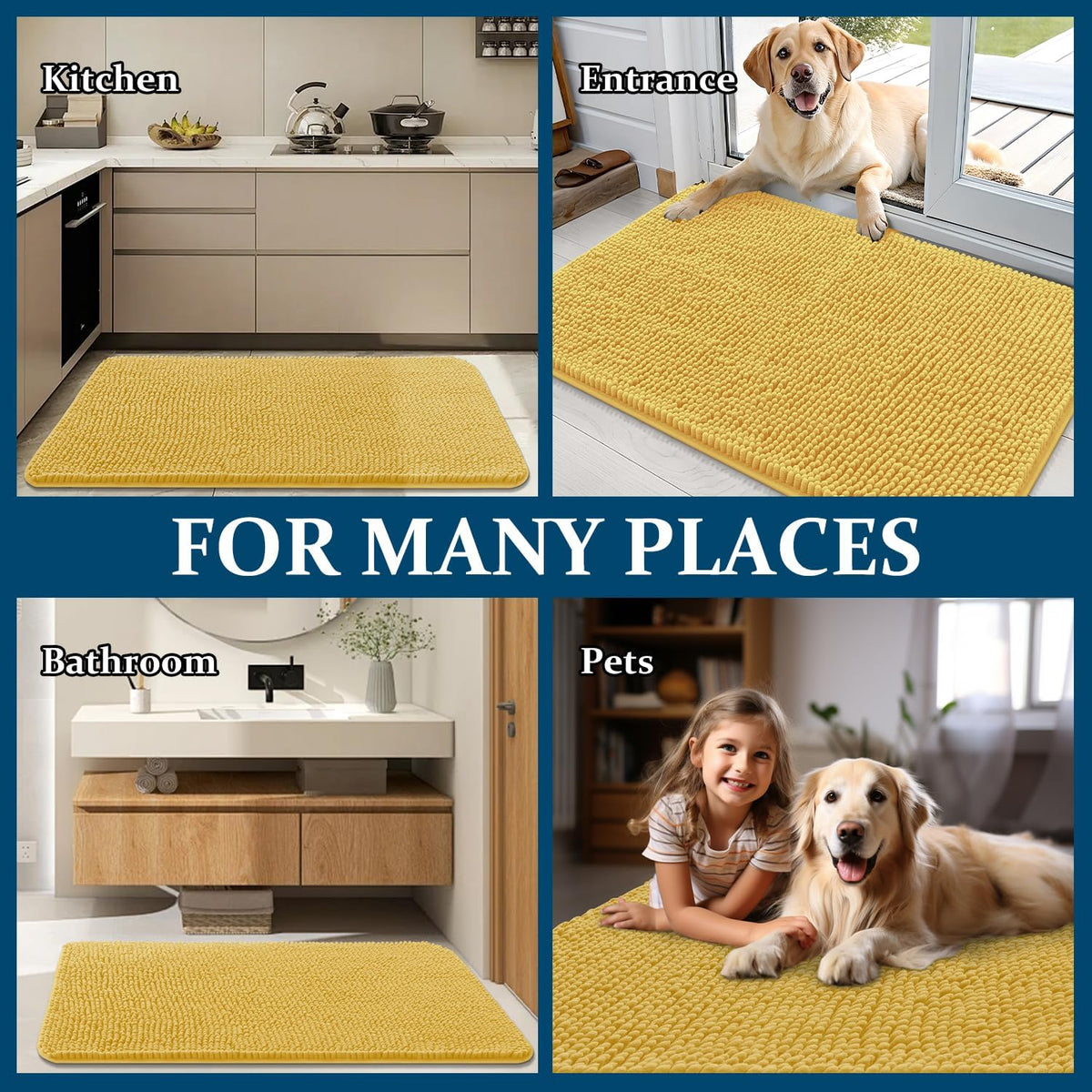 OLANLY Dog Door Mat - Absorbent Non-Slip Washable Doormat for Muddy Paws | 70x32 Yellow Chenille Carpet