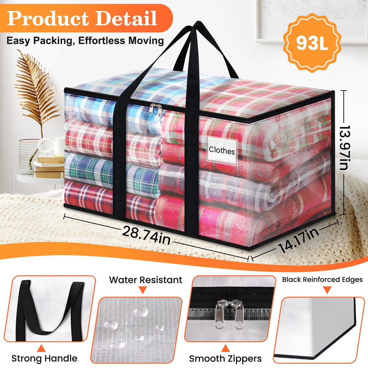 EpicTotes Extra Large Heavy Duty Moving Bags, Storage Bags with Strong Zippers & Handles, Packing Bags for Moving Essentials, Ideal Storage Tote for Home, Dorm & Storage Solutions, 93L, 6 Packs, Clear