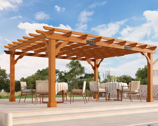 Jocisland 12x14 FT Premium Cedar Wood Pergola with Trellis Roof & Weather-Resistant Support, Outdoor Pergola Kit with Stakes, Garden Gazebo for Patio, Backyard & Events, Reddish-Brown