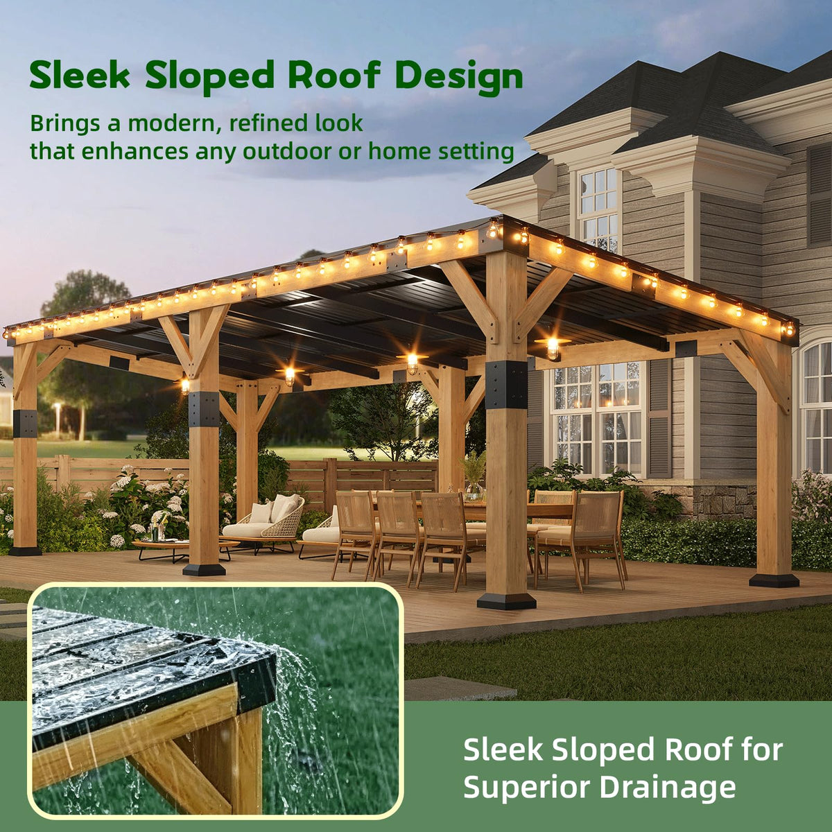 GOHONEI10x22 ft Cedar Wood Gazebo with Sloped Galvanized Steel Roof, Hardtop Gazebo Pavilion with Durable, Rot-Resistant Construction, Permanent Outdoor Pergola for Backyard, Garden & Deck