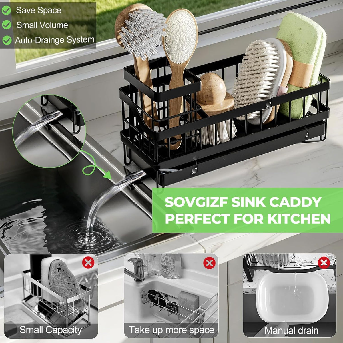 Skiennix Sink Caddy Organizer - Wall-Mounted Sponge Holder & Brush Storage - Rustproof 304 Stainless Steel