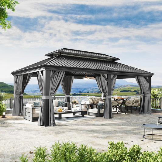 Aoxun 12' X 20' Hardtop Gazebo with Drainage System, Aluminum Outdoor Gazebo with Galvanized Steel Double Roof, Patio Permanent Metal Pavilion with Netting, for Garden, Deck, Grey