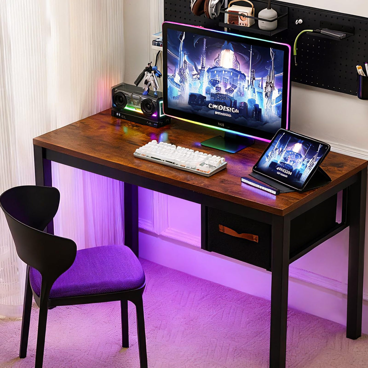 Ingdgnoso Computer Desk with Drawer, 47 Inch Home Office Work Desks, Modern Writing Study PC Desk Gaming Table for Small Place Bedroom, Thickened Tabletop and Stable Metal Frame Leg（Rustic Brown）