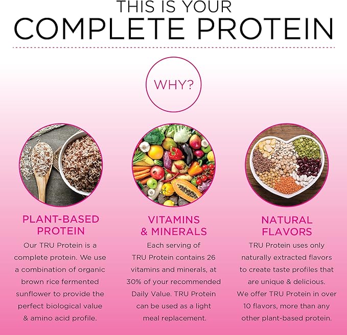 TRU Supplements Plant Based Protein Powder, BCAA, EAA, 20g Vegan Brown Rice & Pea Protein, 100 Calories, 27 Vitamins, No Artificial Flavors 25 Servings (Chocolate Peanut Butter)