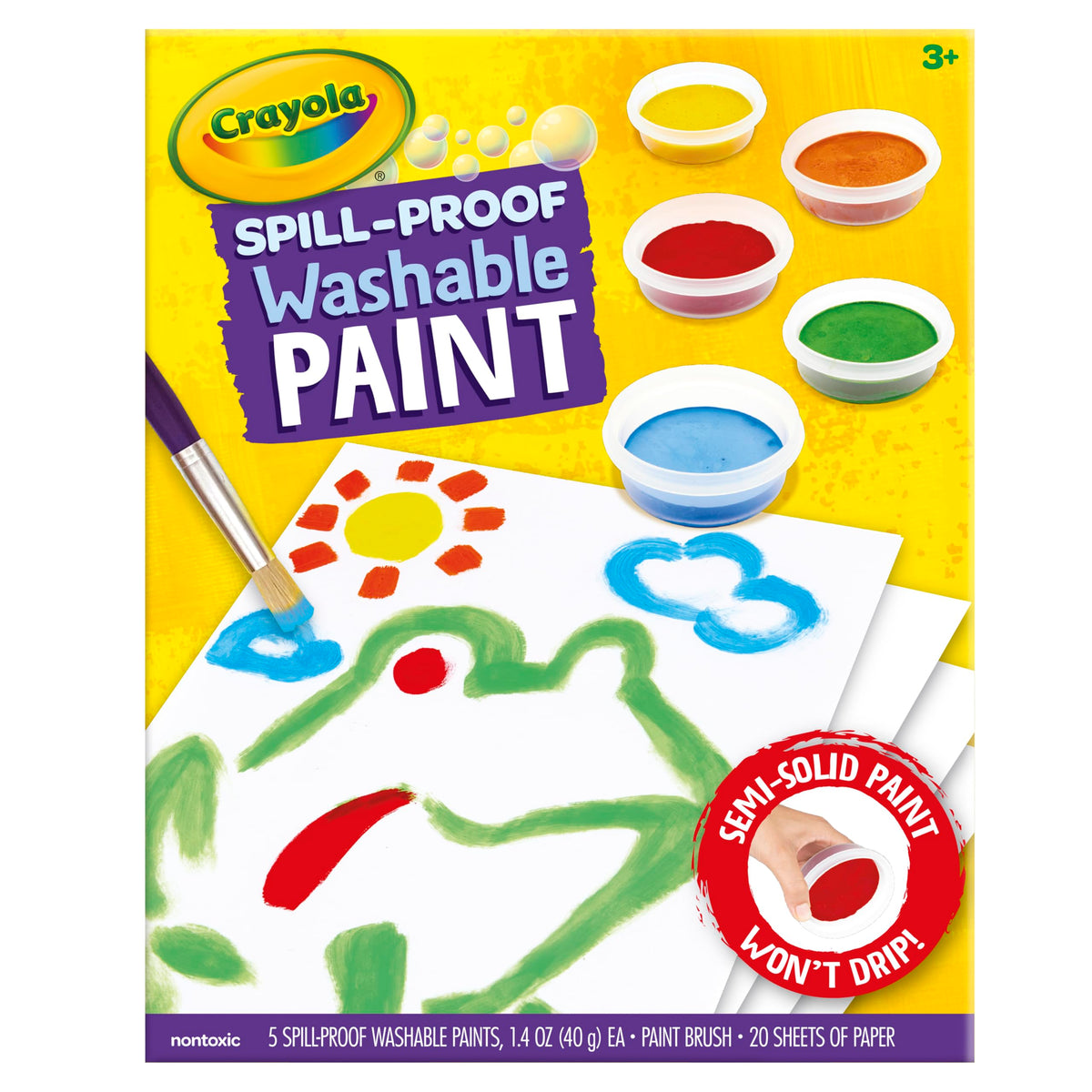 Crayola Spill Proof Paint Set - Washable Paint for Kids, Includes Paint Brush & Paper, No Drip, Less Mess Arts & Crafts, Toddler Gift, Ages 3+